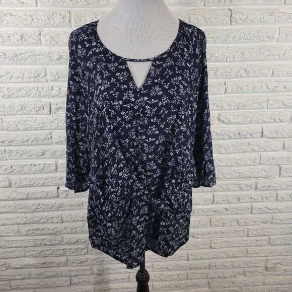 Skies Are Blue Womens Top 1X Plus 3/4 Sleeve Blue Floral Sash Keyhole FLO133E - Picture 1 of 10